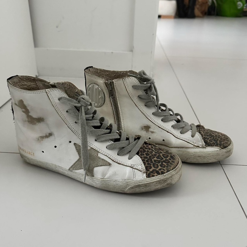 Golden Goose White and Leopard High-Top Sneakers